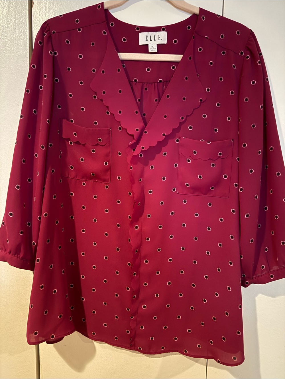 ELLE Burgundy Dot-Print Scalloped Notch Neck Blouse